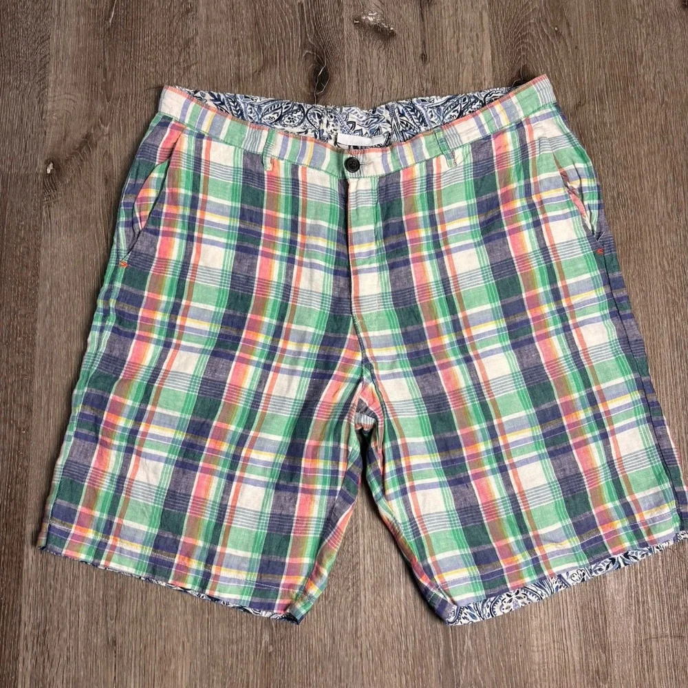 Tommy‎ Bahama Linen Shorts Mens 38 Plaid Paisley Flat Front Reversible 10